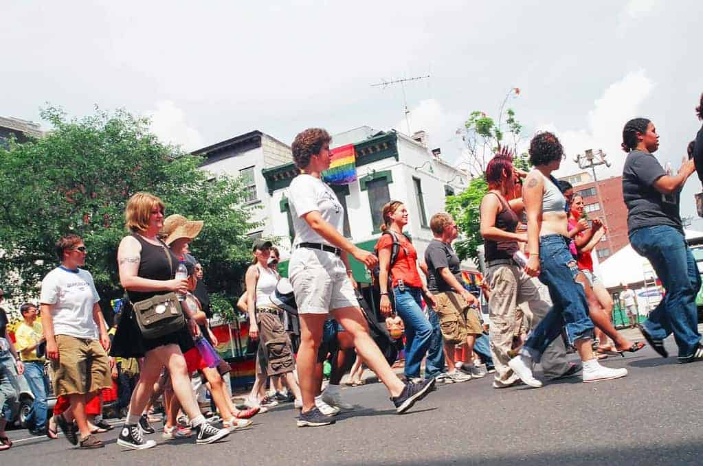 Dyke March . 17th Street nearing P Street . NW WDC . Saturday, 11 June 2005